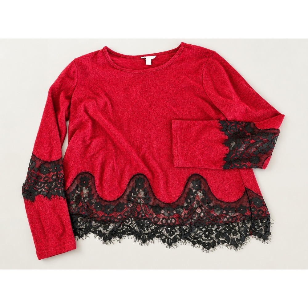 Est. 1946 Lace Trim Top Womens Medium Red Black Long Sleeve Gothic Romantic
